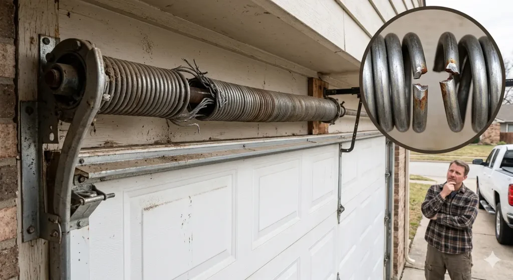 Damaged and frayed torsion spring on a residential garage door, showing early signs that a garage door spring replacement Billings MT is needed.
