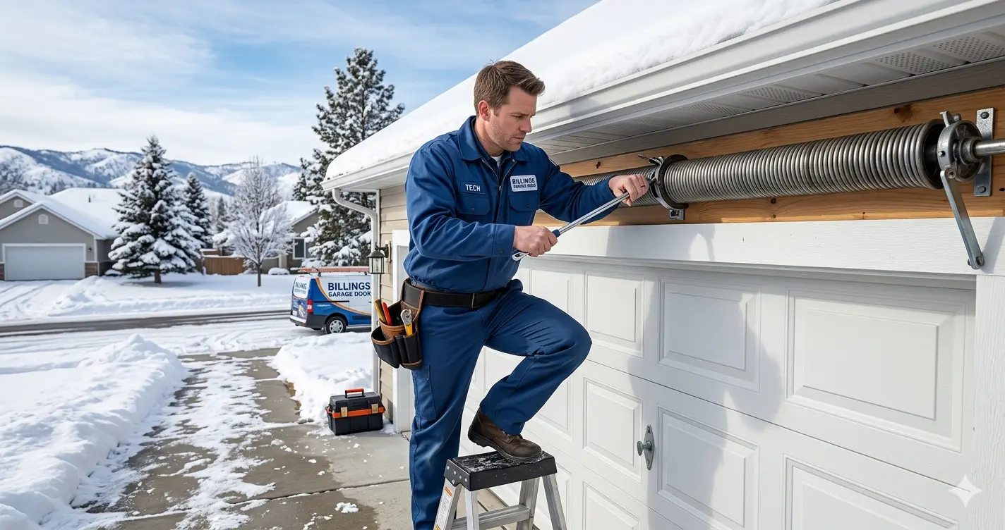 A professional garage door technician in a blue uniform using tools to repair a large torsion spring on a residential white garage door in Billings, Montana during winter.